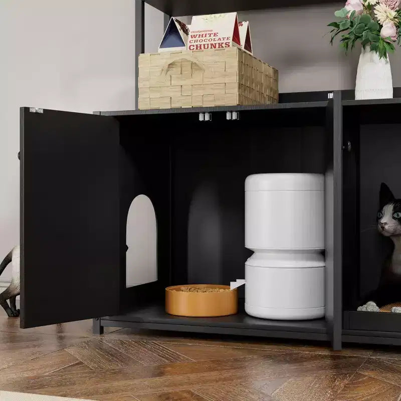 Grand meuble cache-litière pour chat avec rangement, meuble pour chat de 132 cm avec tapis à griffer et 2 étagères