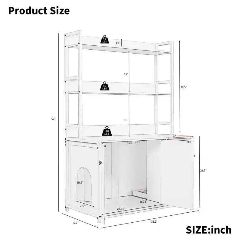 Grand meuble cache-litière pour chat avec rangement, meuble pour chat de 132 cm avec tapis à griffer et 2 étagères