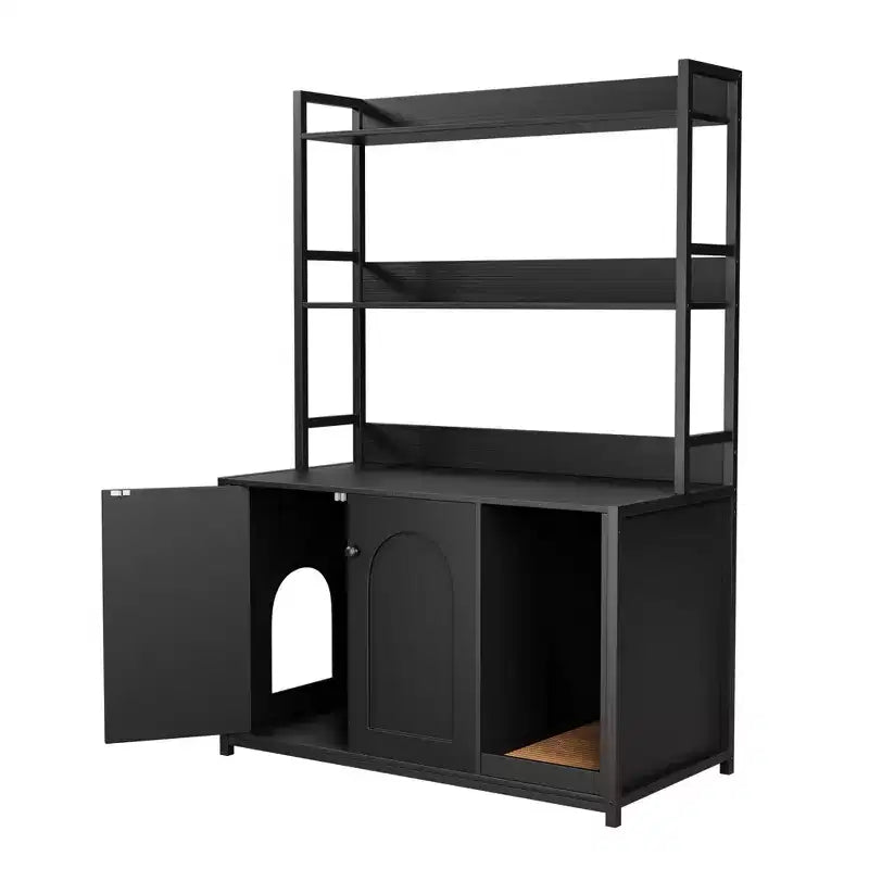 Grand meuble cache-litière pour chat avec rangement, meuble pour chat de 132 cm avec tapis à griffer et 2 étagères