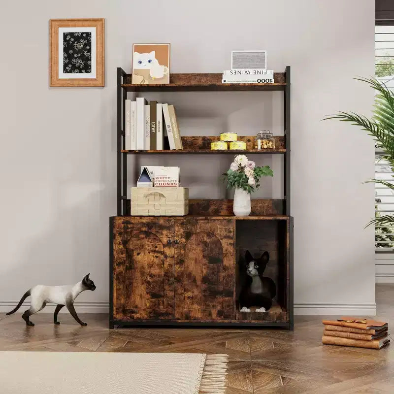 Grand meuble cache-litière pour chat avec rangement, meuble pour chat de 132 cm avec tapis à griffer et 2 étagères