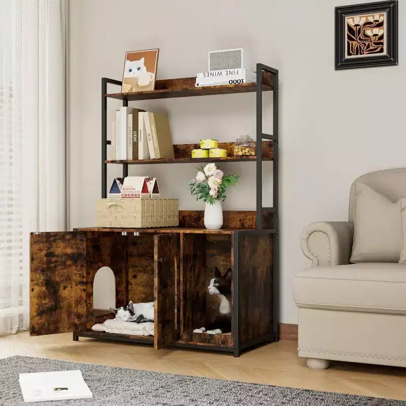 Grand meuble cache-litière pour chat avec rangement, meuble pour chat de 132 cm avec tapis à griffer et 2 étagères