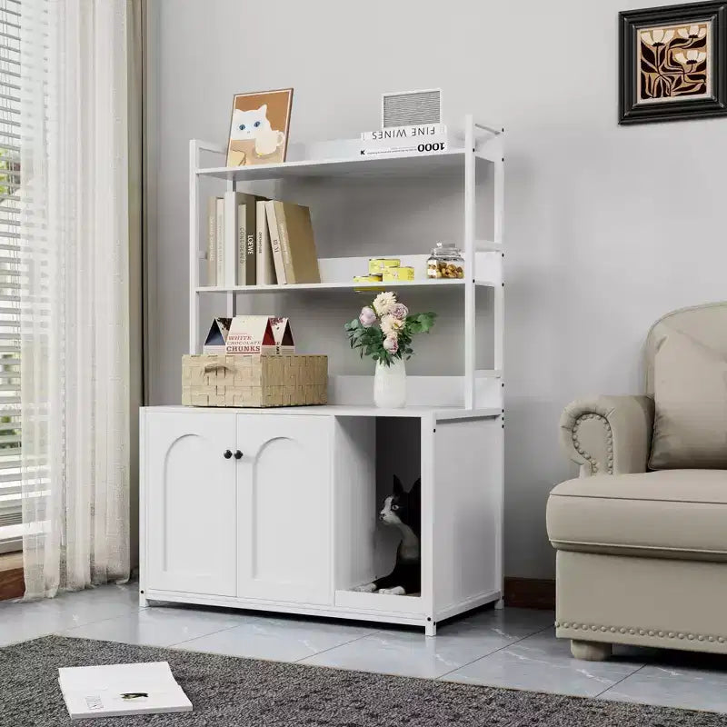 Grand meuble cache-litière pour chat avec rangement, meuble pour chat de 132 cm avec tapis à griffer et 2 étagères