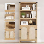 Bibliothèque haute de 70", bibliothèque à 5 étagères à double largeur avec portes et étagères réglables, vitrine en bois avec rangement pour salon, bureau, marron