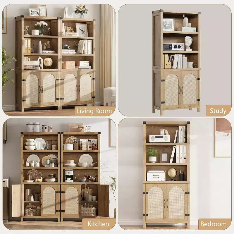 Bibliothèque haute de 70", bibliothèque à 5 étagères à double largeur avec portes et étagères réglables, vitrine en bois avec rangement pour salon, bureau, marron
