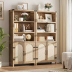 Bibliothèque haute de 70", bibliothèque à 5 étagères à double largeur avec portes et étagères réglables, vitrine en bois avec rangement pour salon, bureau, marron