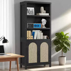 Bibliothèque haute de 70", bibliothèque à 5 étagères à double largeur avec portes et étagères réglables, vitrine en bois avec rangement pour salon, bureau, marron
