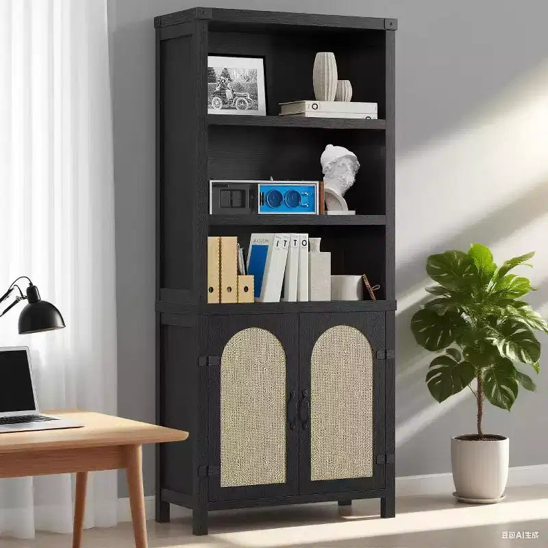 Bibliothèque haute de 70", bibliothèque à 5 étagères à double largeur avec portes et étagères réglables, vitrine en bois avec rangement pour salon, bureau, marron