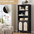 Bibliothèque haute de 70", bibliothèque à 5 étagères à double largeur avec portes et étagères réglables, vitrine en bois avec rangement pour salon, bureau, marron