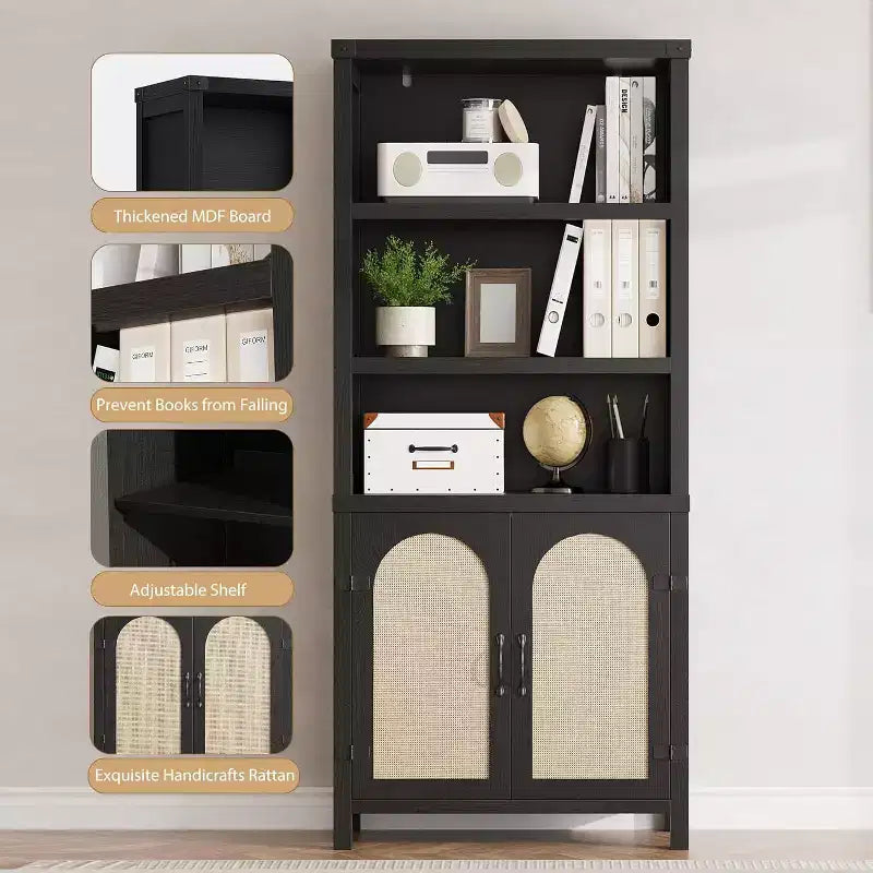 Bibliothèque haute de 70", bibliothèque à 5 étagères à double largeur avec portes et étagères réglables, vitrine en bois avec rangement pour salon, bureau, marron