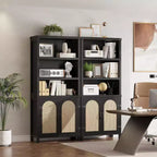 Bibliothèque haute de 70", bibliothèque à 5 étagères à double largeur avec portes et étagères réglables, vitrine en bois avec rangement pour salon, bureau, marron