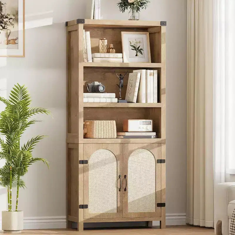 Bibliothèque haute de 70", bibliothèque à 5 étagères à double largeur avec portes et étagères réglables, vitrine en bois avec rangement pour salon, bureau, marron