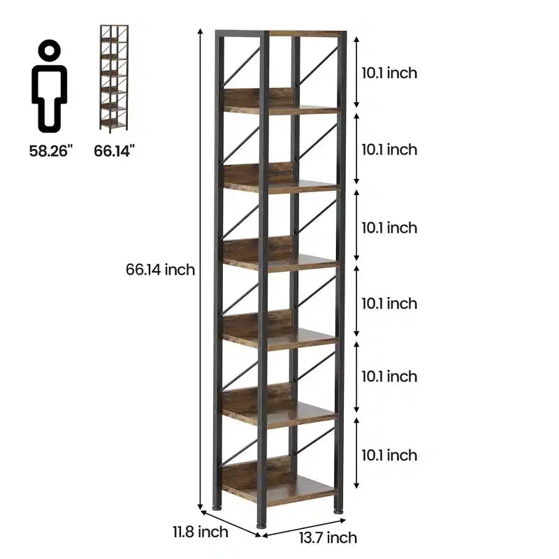 Étagère ouverte à 7 niveaux, étagère de style industriel du milieu du siècle, cadre métallique, présentoir de rangement vertical, adaptée aux petits espaces, salon