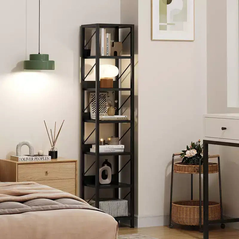 7-layer open bookshelf, mid-century industrial style bookshelf, metal frame, vertical storage display rack, suitable for small space, living room