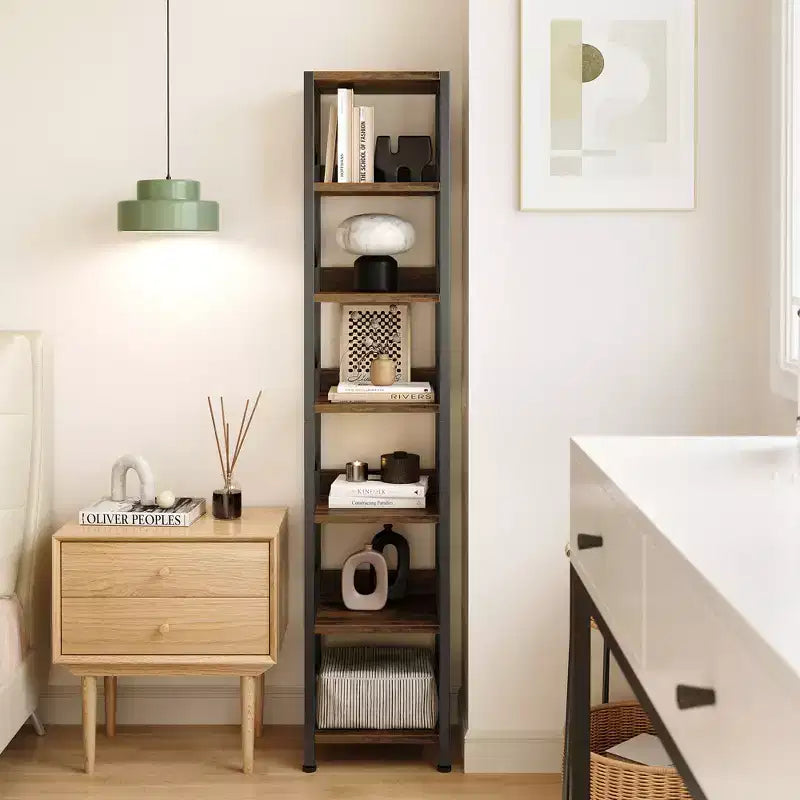 Étagère ouverte à 7 niveaux, étagère de style industriel du milieu du siècle, cadre métallique, présentoir de rangement vertical, adaptée aux petits espaces, salon