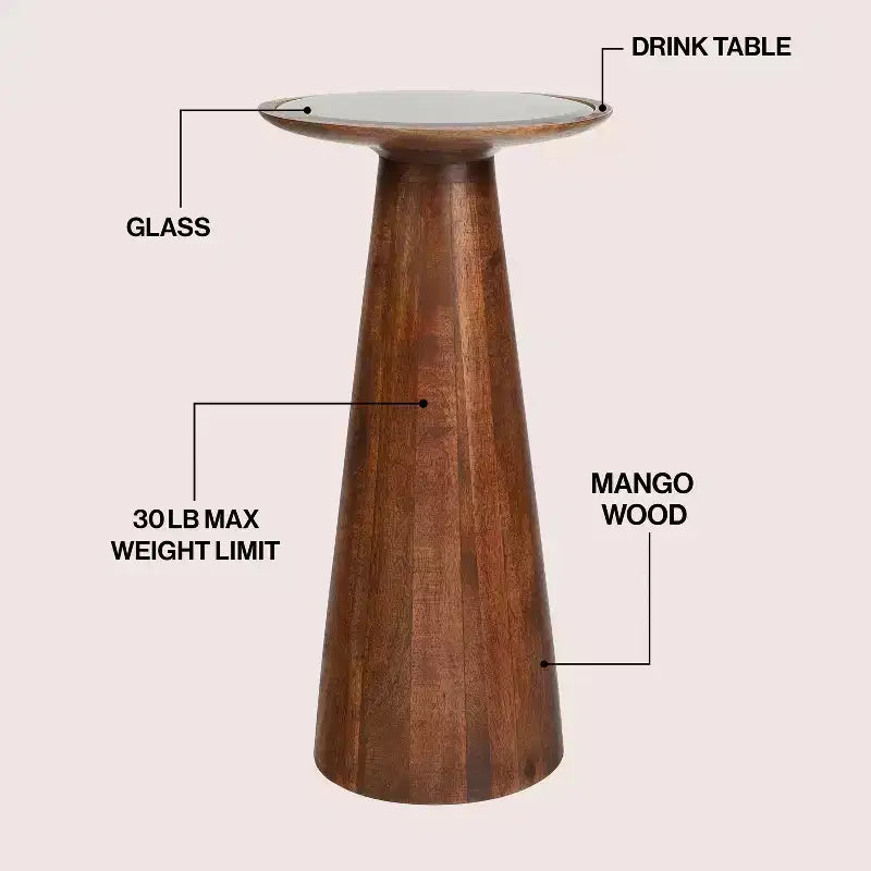 Guéridon industriel de ferme en bois de manguier de 54,6 cm avec plateau rond en verre noir et pied conique