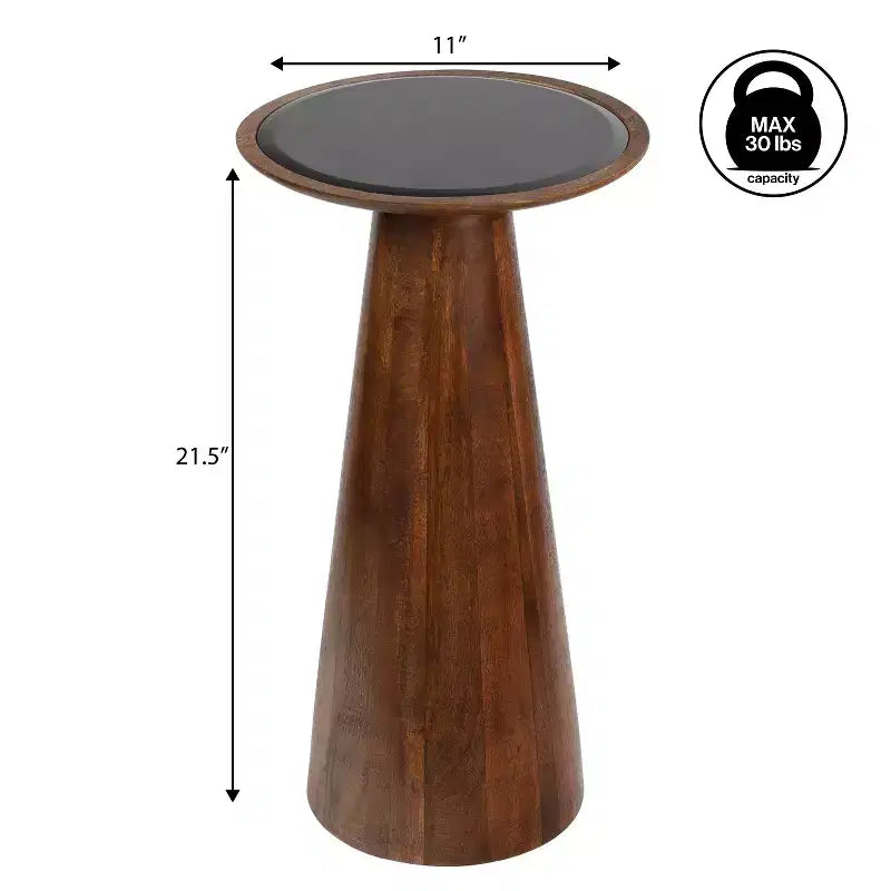 Guéridon industriel de ferme en bois de manguier de 54,6 cm avec plateau rond en verre noir et pied conique