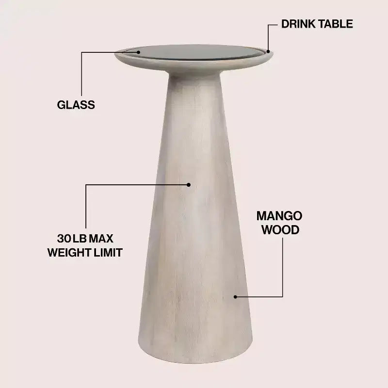 Guéridon industriel de ferme en bois de manguier de 54,6 cm avec plateau rond en verre noir et pied conique