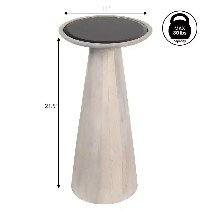 Guéridon industriel de ferme en bois de manguier de 54,6 cm avec plateau rond en verre noir et pied conique