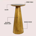 Guéridon industriel de ferme en bois de manguier de 54,6 cm avec plateau rond en verre noir et pied conique