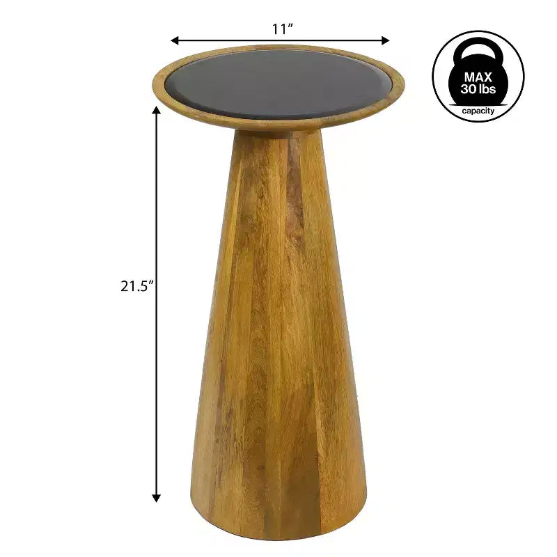 Guéridon industriel de ferme en bois de manguier de 54,6 cm avec plateau rond en verre noir et pied conique