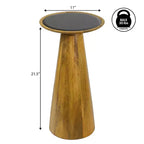 Guéridon industriel de ferme en bois de manguier de 54,6 cm avec plateau rond en verre noir et pied conique