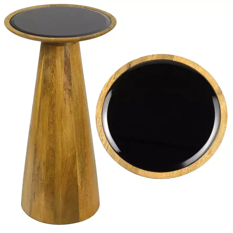 Guéridon industriel de ferme en bois de manguier de 54,6 cm avec plateau rond en verre noir et pied conique