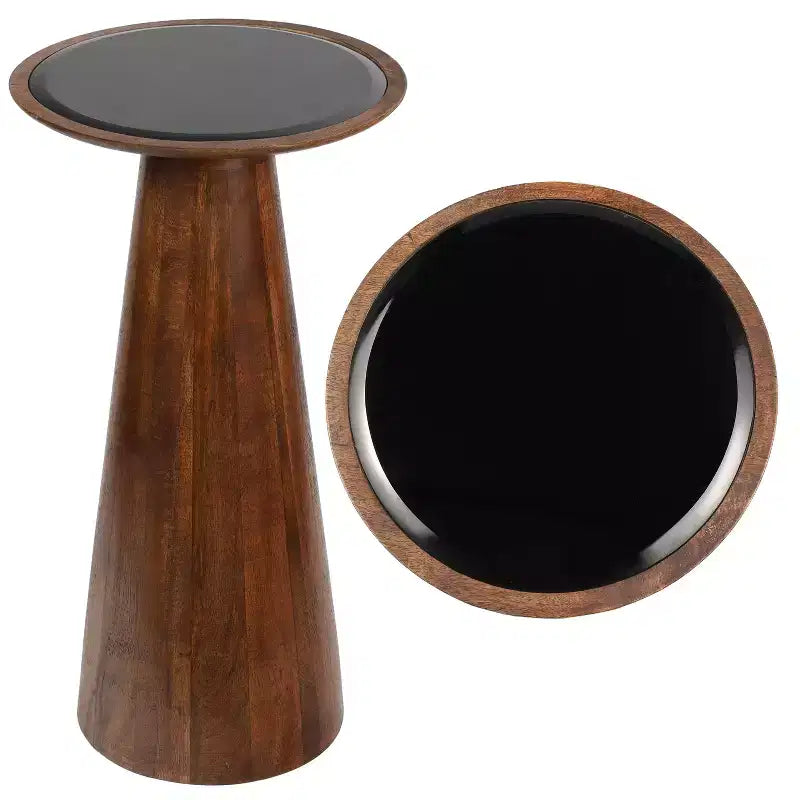 Guéridon industriel de ferme en bois de manguier de 54,6 cm avec plateau rond en verre noir et pied conique