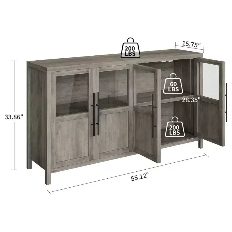 Meuble de rangement, buffet de ferme de 55 pouces, meuble en bois moderne avec 4 portes vitrées, adapté pour la salle à manger, le salon et l'entrée