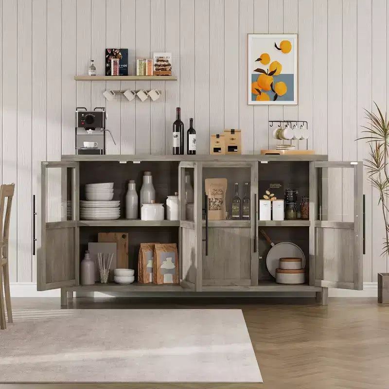 Meuble de rangement, buffet de ferme de 55 pouces, meuble en bois moderne avec 4 portes vitrées, adapté pour la salle à manger, le salon et l'entrée