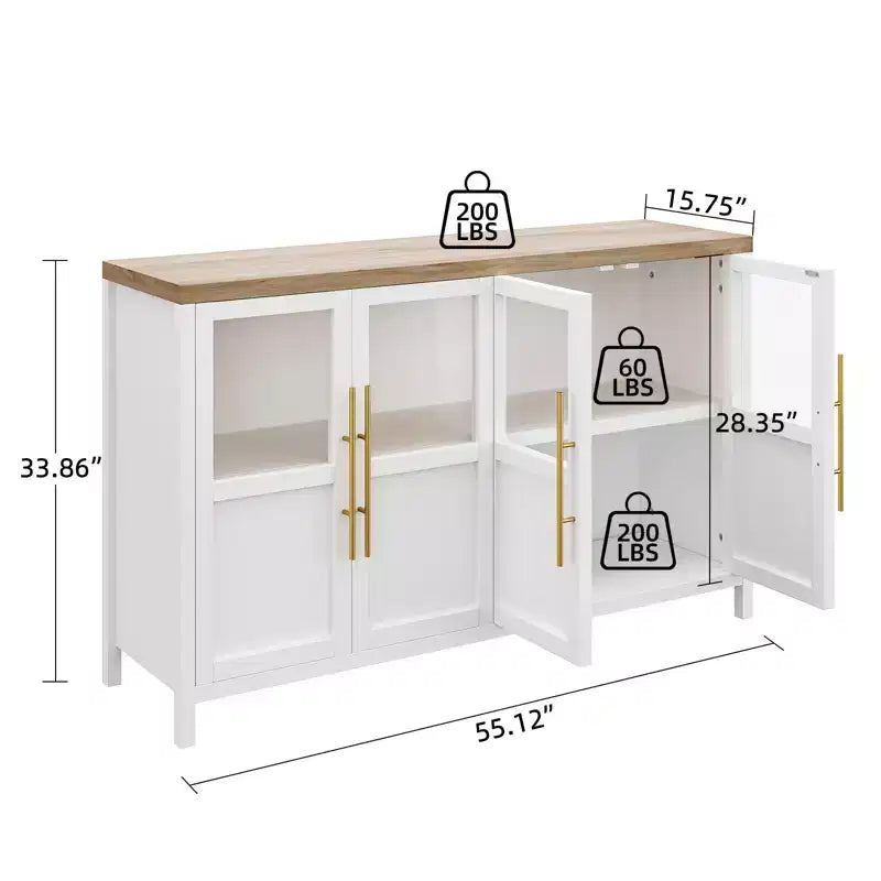Meuble de rangement, buffet de ferme de 55 pouces, meuble en bois moderne avec 4 portes vitrées, adapté pour la salle à manger, le salon et l'entrée