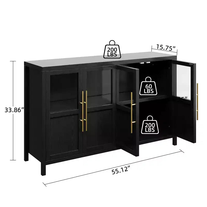 Meuble de rangement, buffet de ferme de 55 pouces, meuble en bois moderne avec 4 portes vitrées, adapté pour la salle à manger, le salon et l'entrée