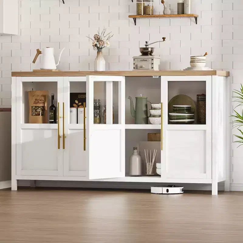 Meuble de rangement, buffet de ferme de 55 pouces, meuble en bois moderne avec 4 portes vitrées, adapté pour la salle à manger, le salon et l'entrée