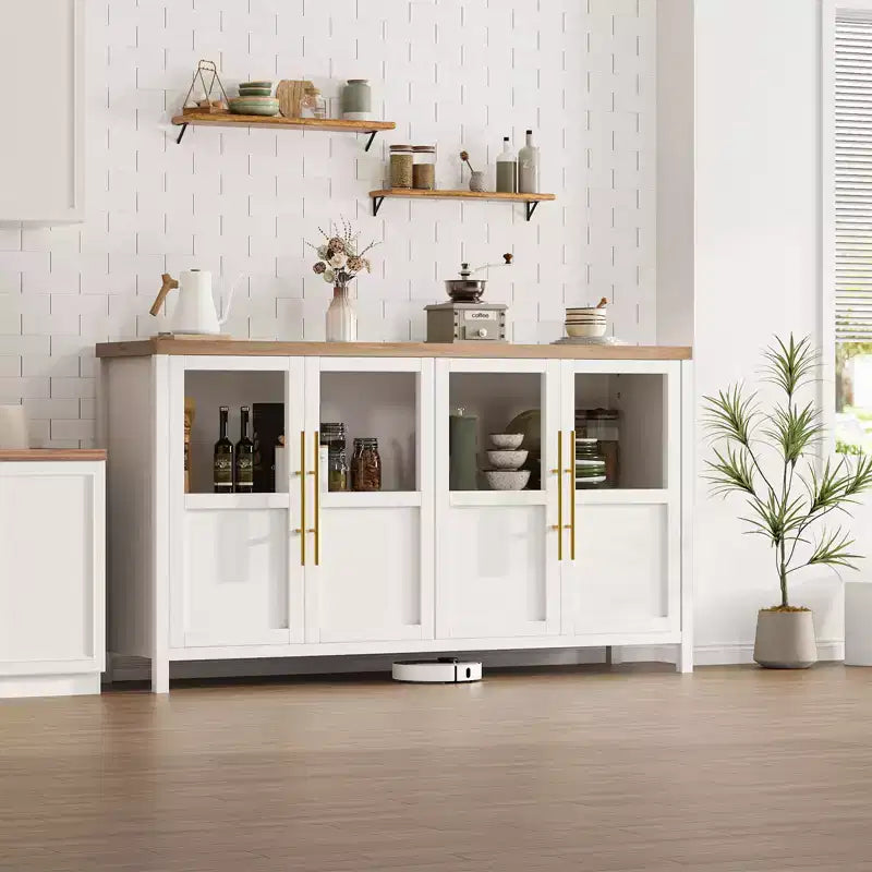 Meuble de rangement, buffet de ferme de 55 pouces, meuble en bois moderne avec 4 portes vitrées, adapté pour la salle à manger, le salon et l'entrée