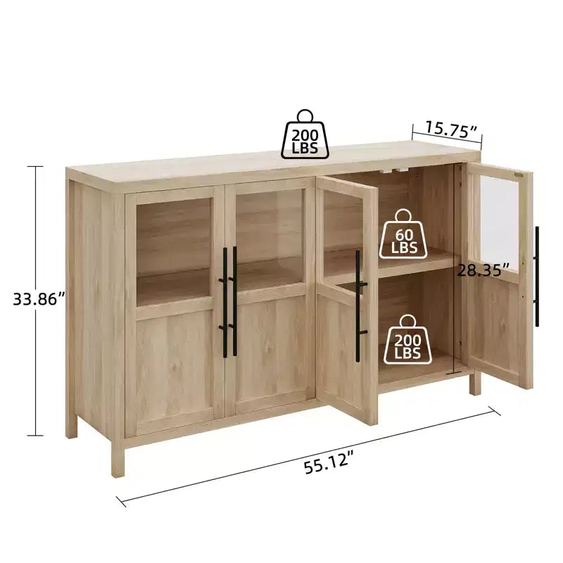 Meuble de rangement, buffet de ferme de 55 pouces, meuble en bois moderne avec 4 portes vitrées, adapté pour la salle à manger, le salon et l'entrée