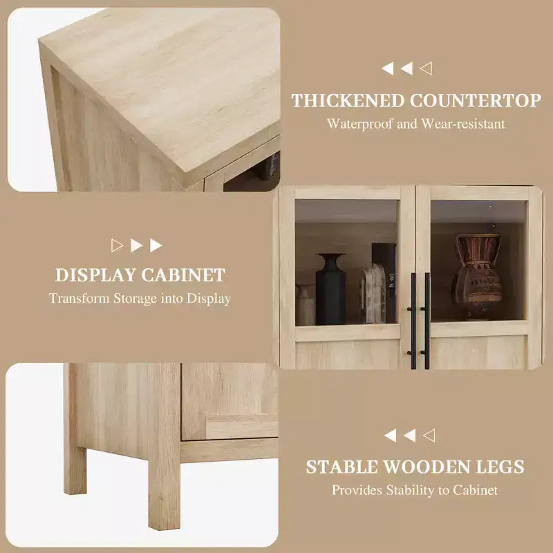 Meuble de rangement, buffet de ferme de 55 pouces, meuble en bois moderne avec 4 portes vitrées, adapté pour la salle à manger, le salon et l'entrée