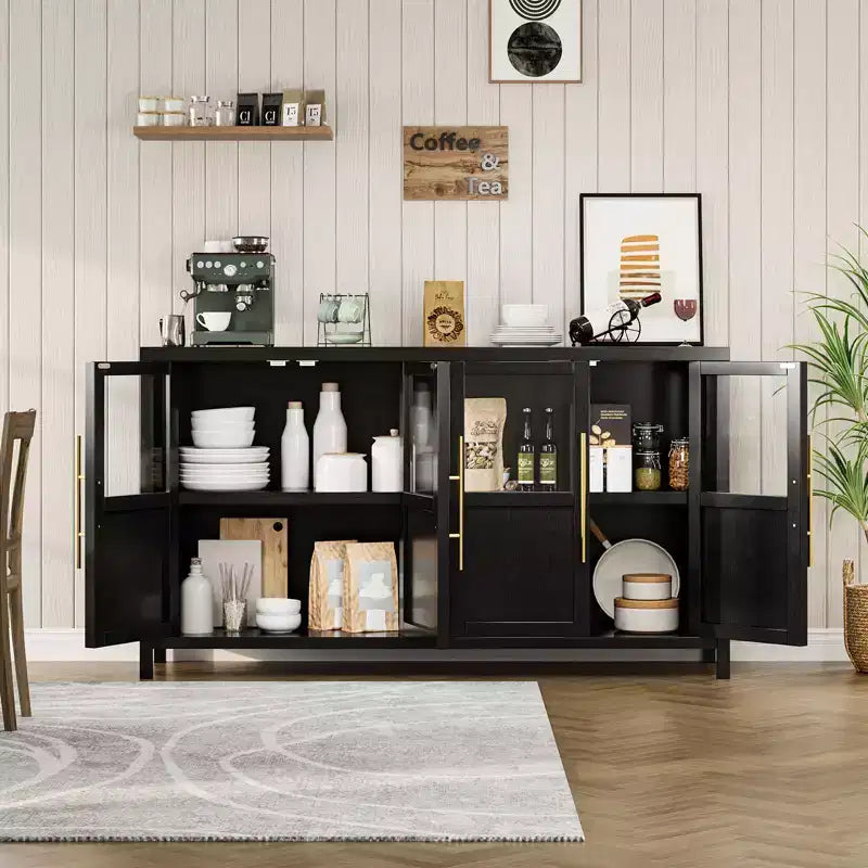 Meuble de rangement, buffet de ferme de 55 pouces, meuble en bois moderne avec 4 portes vitrées, adapté pour la salle à manger, le salon et l'entrée