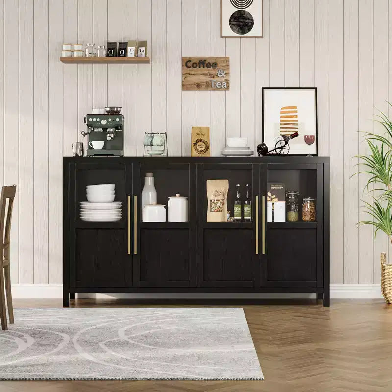 Storage cabinet, 55 inches farmhouse style, modern wooden cabinet with 4 glass doors, suitable for dining room, living room and entryway
