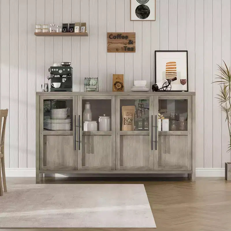 Meuble de rangement, buffet de ferme de 55 pouces, meuble en bois moderne avec 4 portes vitrées, adapté pour la salle à manger, le salon et l'entrée