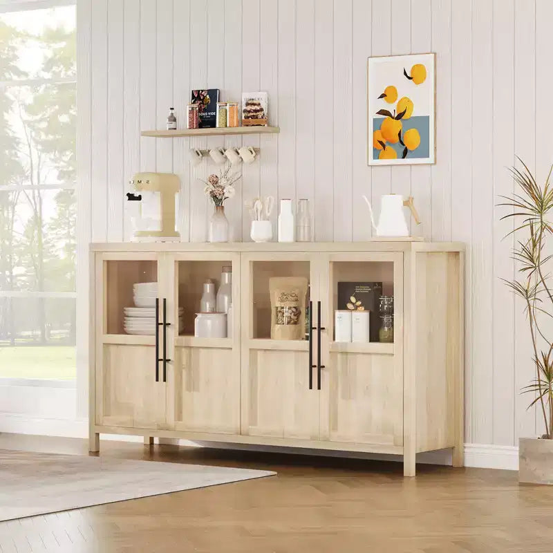 Meuble de rangement, buffet de ferme de 55 pouces, meuble en bois moderne avec 4 portes vitrées, adapté pour la salle à manger, le salon et l'entrée