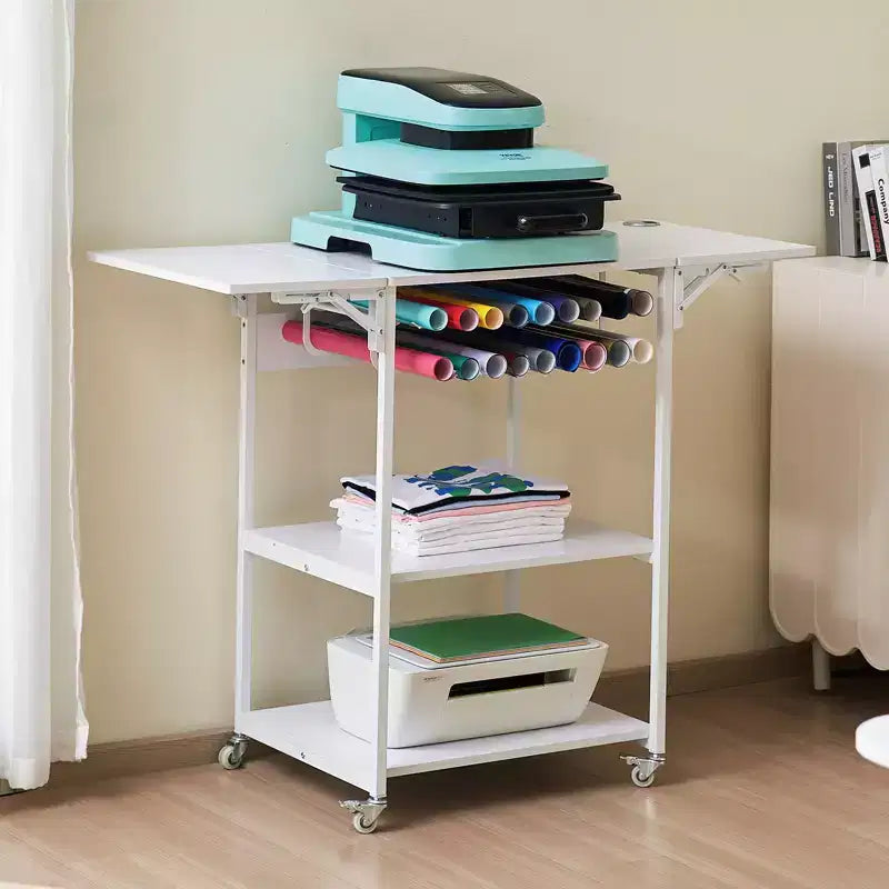 Table de presse à chaud, support mobile à 3 niveaux, support pliable pour machine de transfert à chaud avec roues et porte-rouleau de vinyle, établi roulant, blanc
