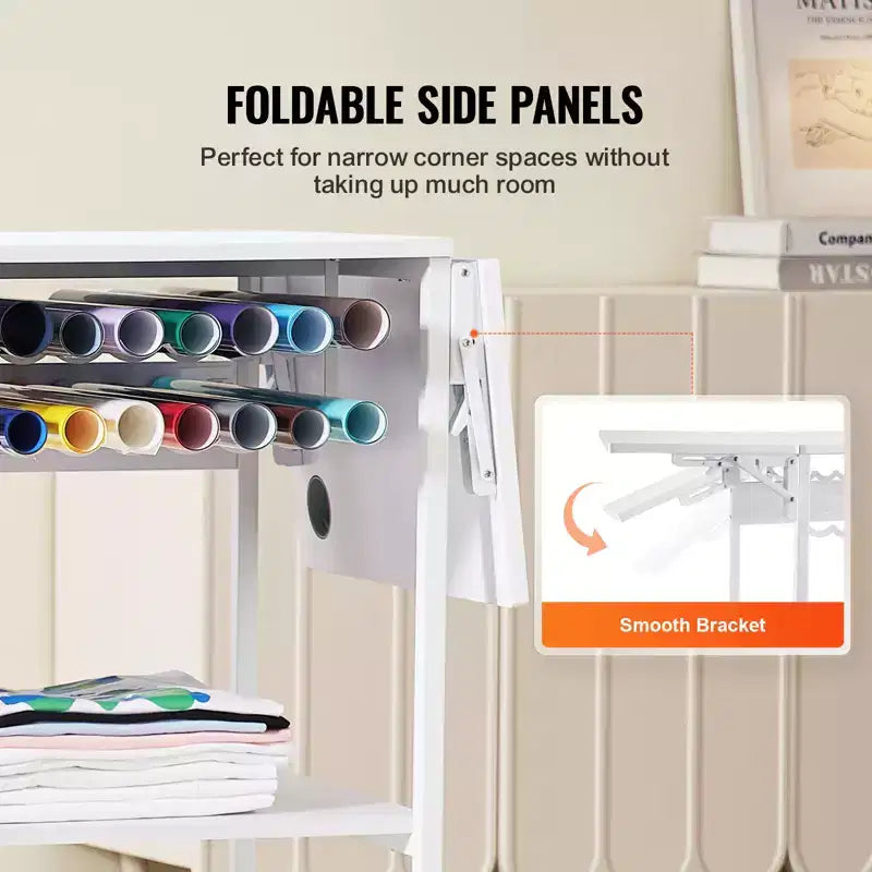 Table de presse à chaud, support mobile à 3 niveaux, support pliable pour machine de transfert à chaud avec roues et porte-rouleau de vinyle, établi roulant, blanc