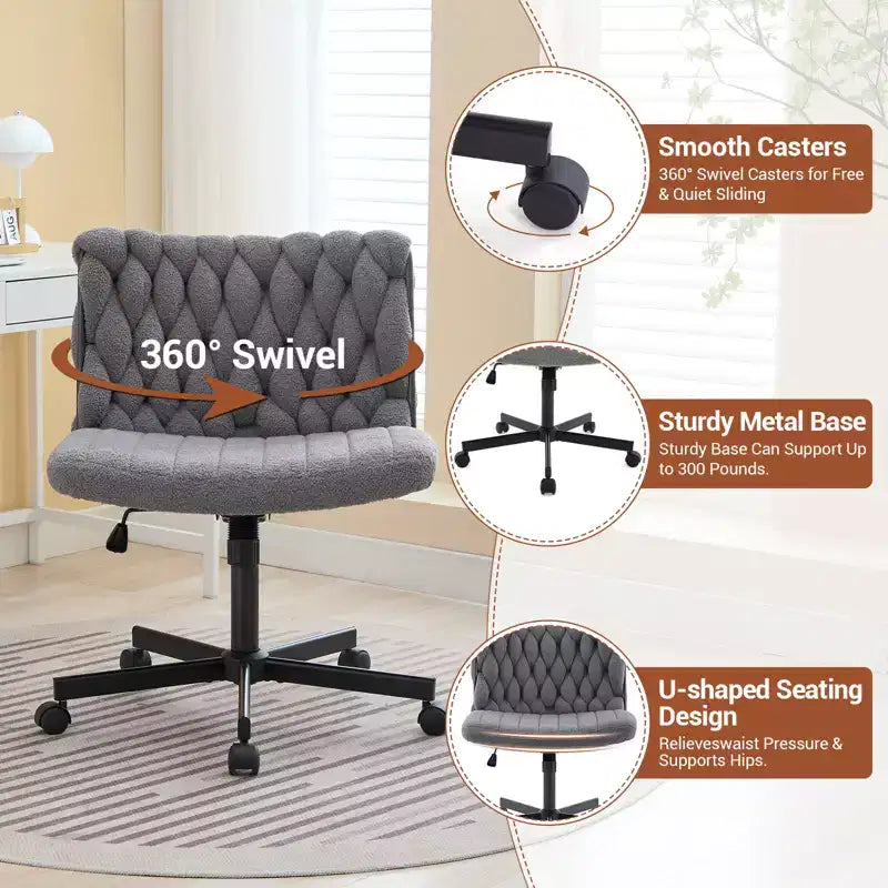 Chaise de bureau à roulettes pour s'asseoir en tailleur, Chaise de bureau pivotante sans accoudoirs à assise large, Chaise de coiffeuse moderne, Chaise d'ordinateur confortable pour le bureau à domicile