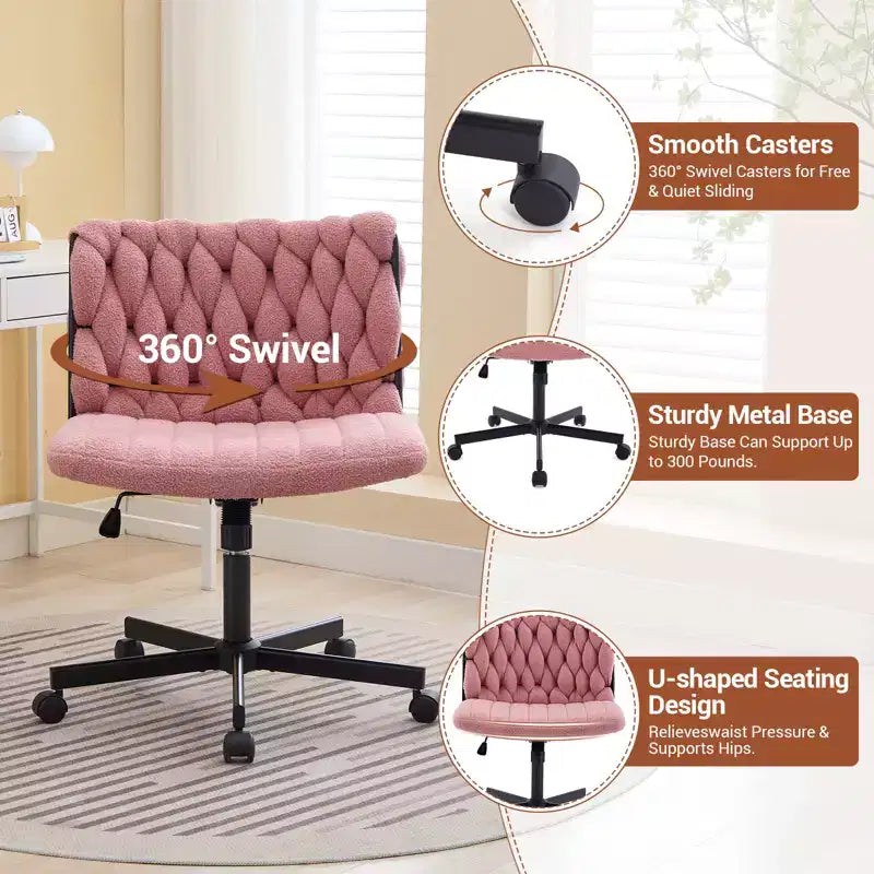 Chaise de bureau à roulettes pour s'asseoir en tailleur, Chaise de bureau pivotante sans accoudoirs à assise large, Chaise de coiffeuse moderne, Chaise d'ordinateur confortable pour le bureau à domicile