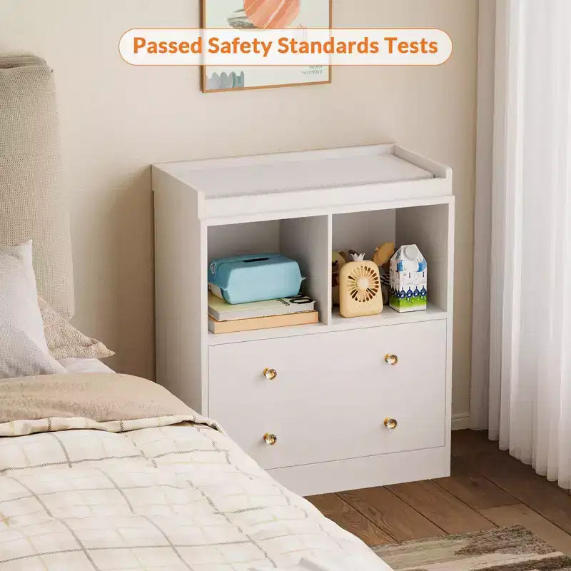 Commode bébé avec plateau à langer, Station de puériculture à 2 tiroirs avec matelas, Table à langer robuste en bois