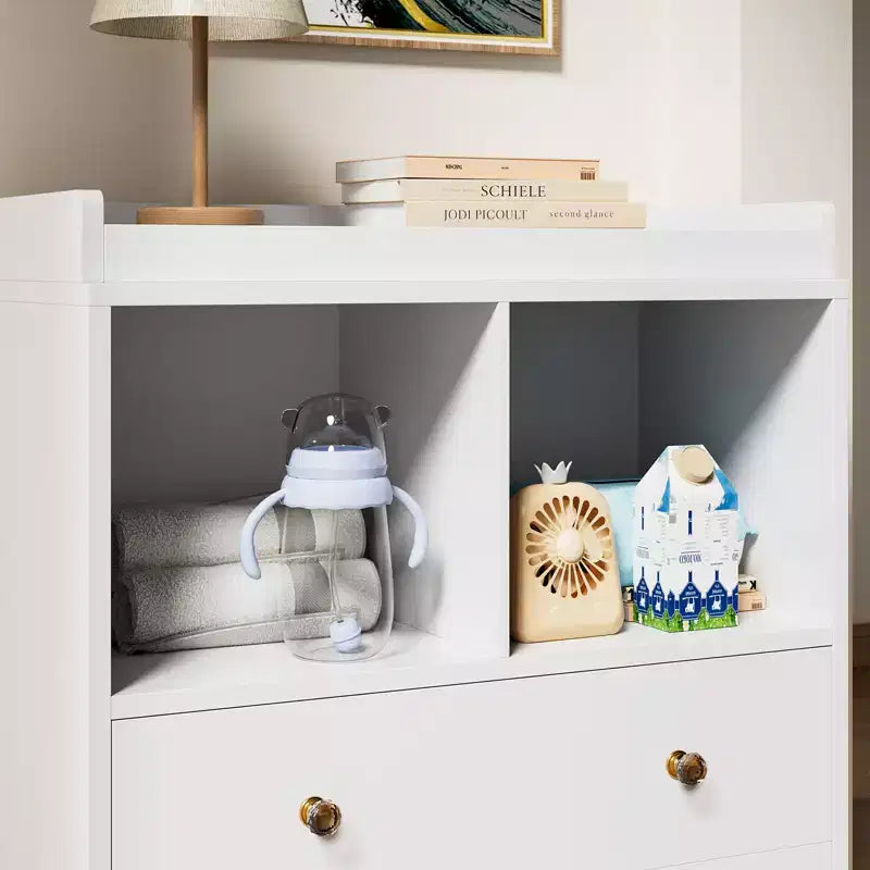 Commode bébé avec plateau à langer, Station de puériculture à 2 tiroirs avec matelas, Table à langer robuste en bois