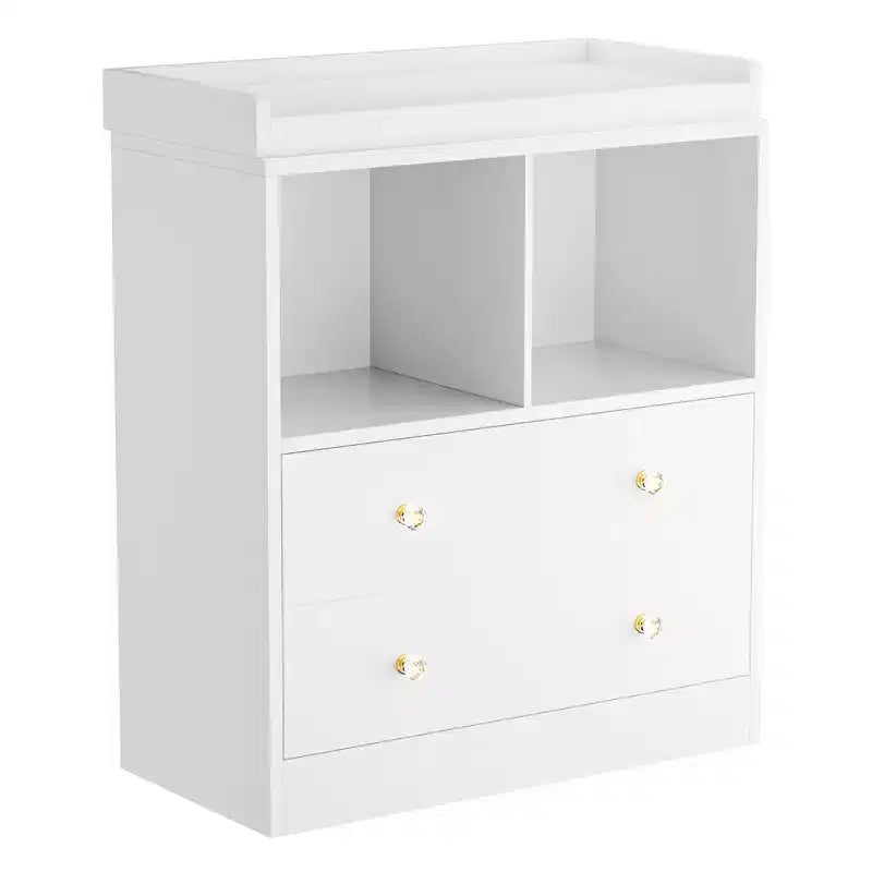 Commode bébé avec plateau à langer, Station de puériculture à 2 tiroirs avec matelas, Table à langer robuste en bois
