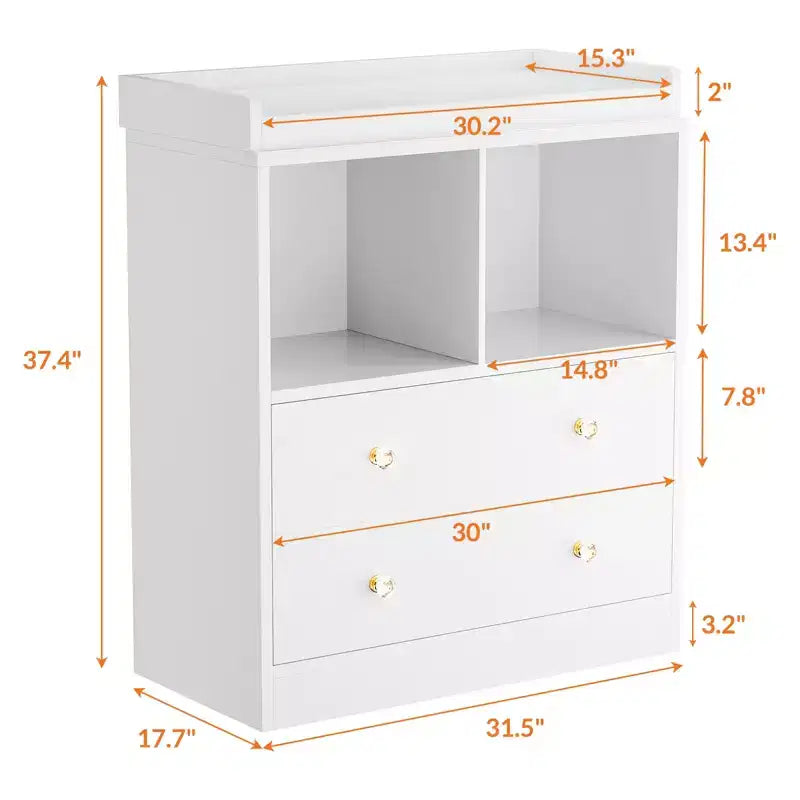 Commode bébé avec plateau à langer, Station de puériculture à 2 tiroirs avec matelas, Table à langer robuste en bois