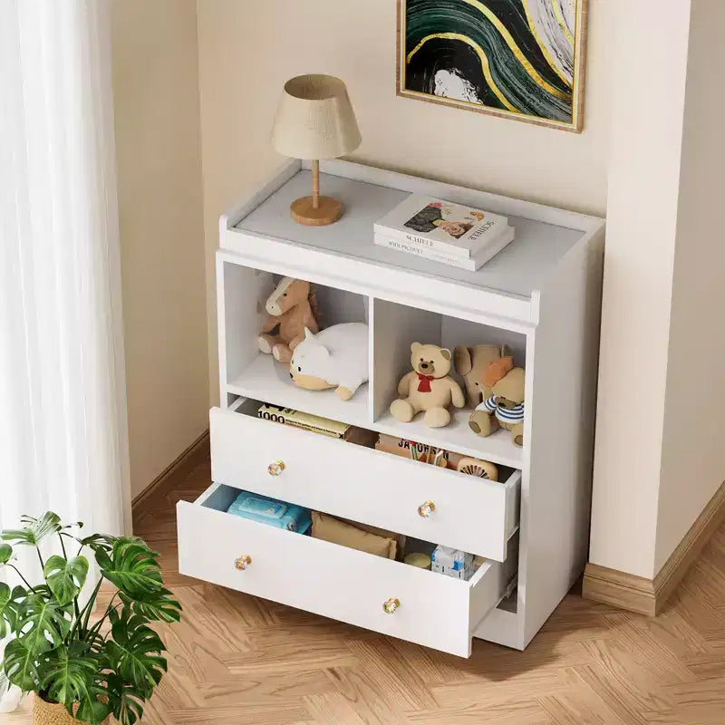 Commode bébé avec plateau à langer, Station de puériculture à 2 tiroirs avec matelas, Table à langer robuste en bois