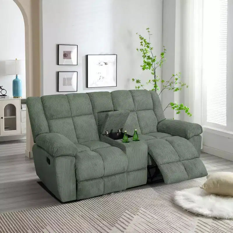 MAYEERTY Reclining Loveseat, 2-Seat Corduroy Fabric Recliner with Storage & Cup Holders for Living Room, Green