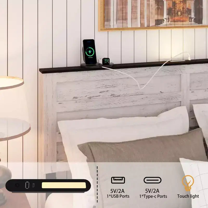 Lit Plateforme Grand Lit/Très Grand Lit avec Armoire de Rangement et Station de Charge, Design à Lattes en Bois Style Ferme, Lit de Chambre Parentale